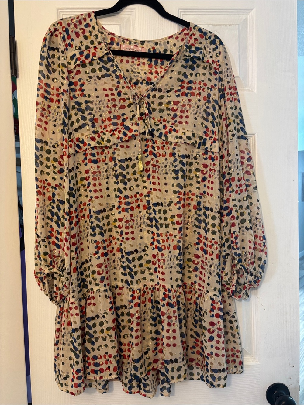 Traffic People Beige Polka Dot Tiered Mini Dress with Red, Blue & Green Dots